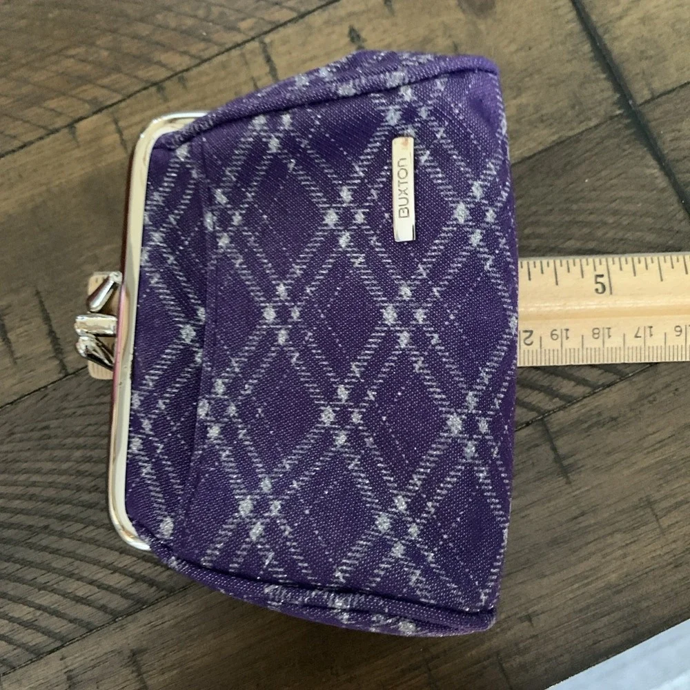 Buxton Purple Grey Metallic Diamond Argyle Plaid Coin Purse Snap‎ 3 Compartments